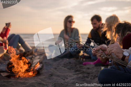 Image of Friends having fun at beach on autumn day