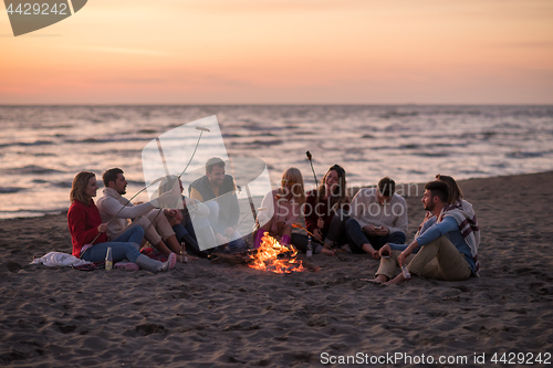 Image of Group Of Young Friends Sitting By The Fire at beach