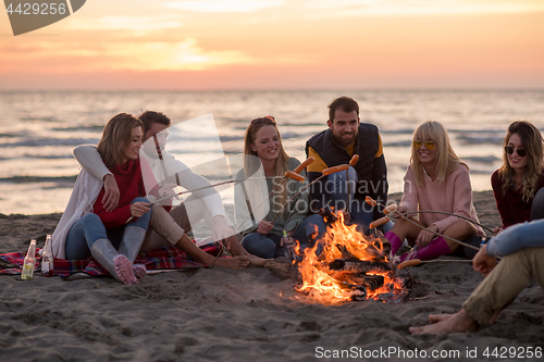 Image of Group Of Young Friends Sitting By The Fire at beach