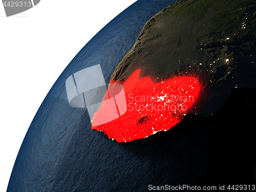 Image of South Africa in red on Earth at night