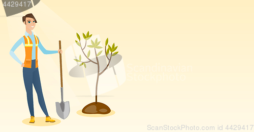 Image of Woman plants tree vector illustration.