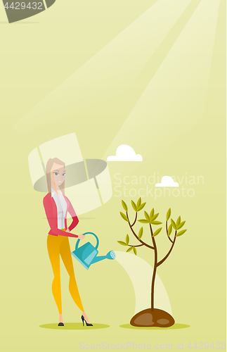 Image of Woman watering tree vector illustration.