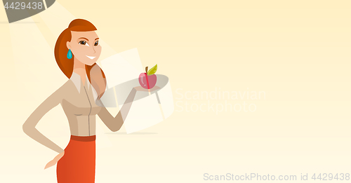 Image of Young woman holding apple vector illustration.