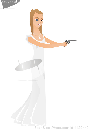Image of Bride in white wedding dress holding the handgun.