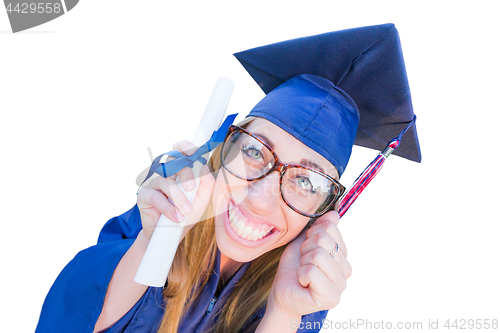 Image of Goofy Graduating Young Girl In Cap and Gown Isolated on a White 