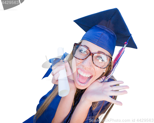 Image of Goofy Graduating Young Girl In Cap and Gown Isolated on a White 