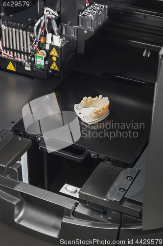 Image of 3D Printer With Finished 3D Printed Dental Implant Bridge
