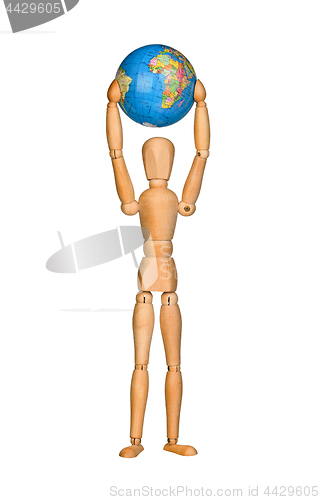 Image of Wooden model dummy holding globe over head