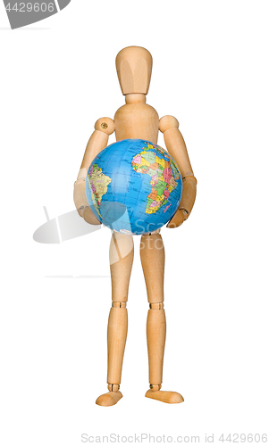 Image of Wooden model dummy holding globe.