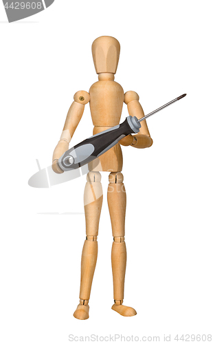 Image of Wooden mannequin holding screwdriver