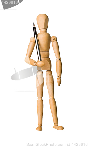 Image of Wooden mannequin holding a pen