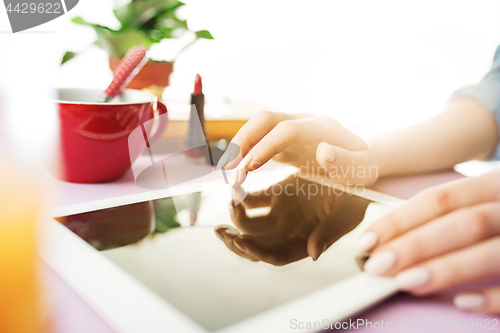 Image of Woman and fruit diet while working on computer in office