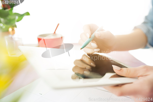 Image of Woman and fruit diet while working on computer in office