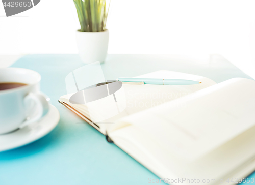 Image of Books and pen on the blue table