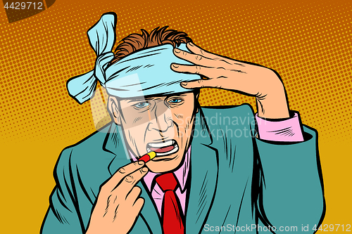 Image of pop art man with headache takes a pills