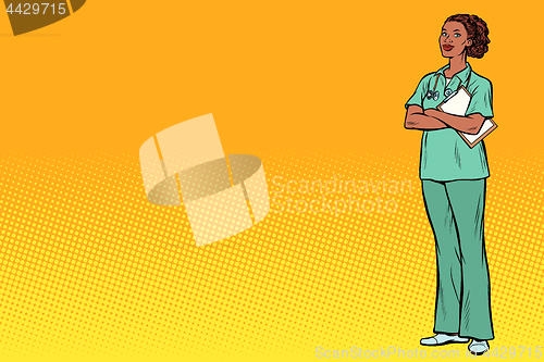 Image of pop art African nurse. Medicine and health