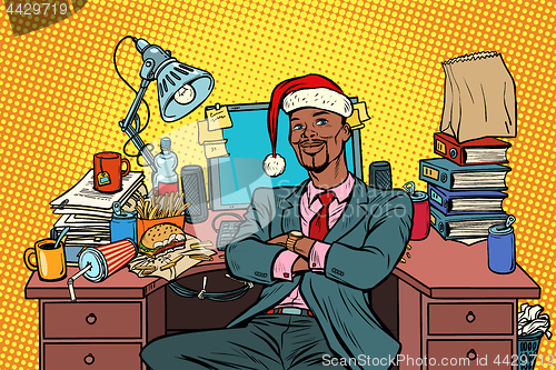 Image of pop art African businessman, Christmas workplace