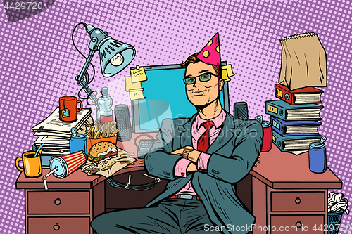 Image of pop art businessman birthday, workplace