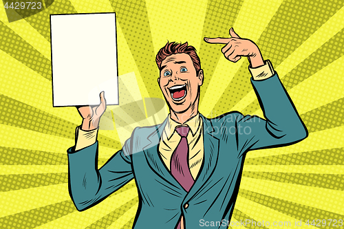 Image of pop art Businessman points at copy space poster