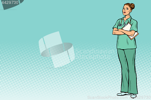 Image of pop art Caucasian nurse. Medicine and health