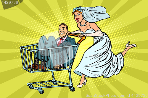 Image of pop art Bride and groom in a shopping trolley