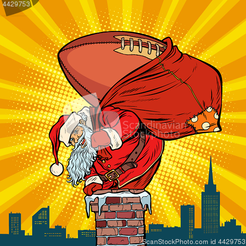 Image of American football ball. Santa Claus with gifts climbs into the c