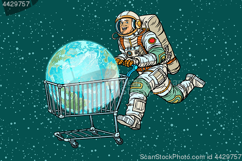 Image of planet earth bought by astronaut, shopping cart trolley sale