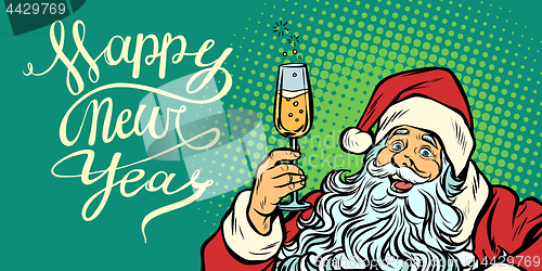 Image of pop art happy New Year. Santa Claus with champagne