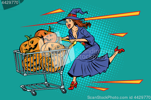 Image of Halloween witch pumpkins. shopping cart trolley sale