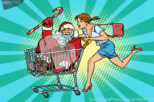 Image of Christmas sale. The woman bought Santa Claus. shopping cart trol