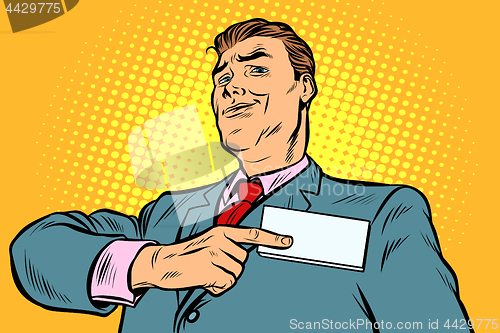 Image of Businessman points at a name badge id