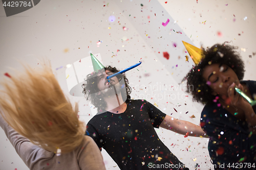 Image of confetti party multiethnic group of people