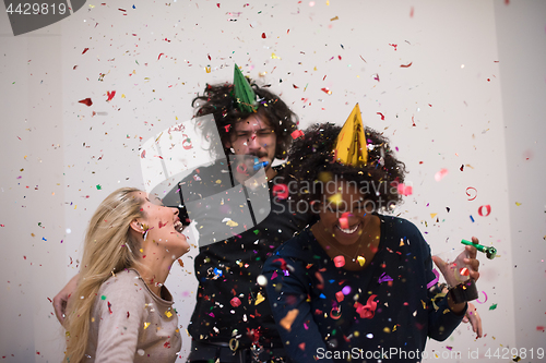 Image of confetti party multiethnic group of people