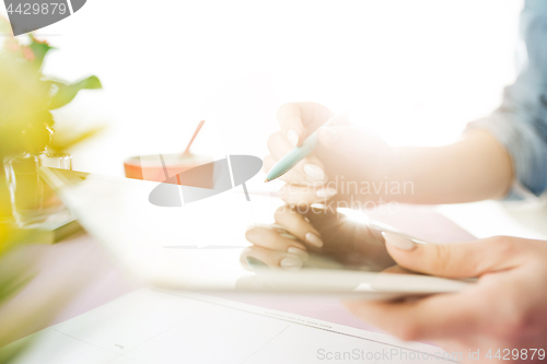 Image of Woman and fruit diet while working on computer in office