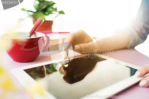 Image of Woman and fruit diet while working on computer in office