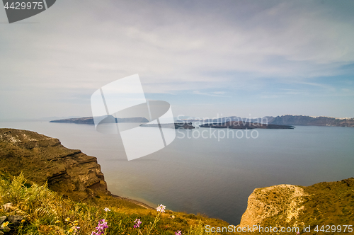 Image of Beautiful landscape with sea view of the Nea Kameni, a small Greek island in the Aegean Sea near Santorini