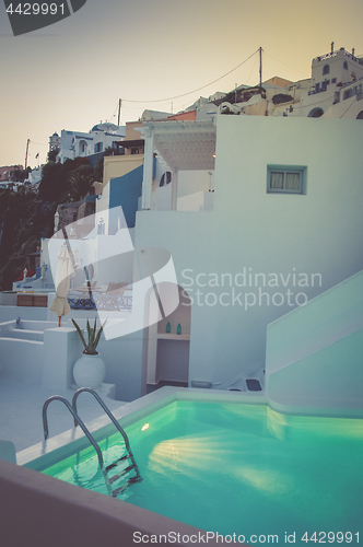 Image of Santorini balcony with swimming pool.