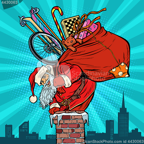 Image of Activities and games. Santa Claus with gifts climbs into the chi