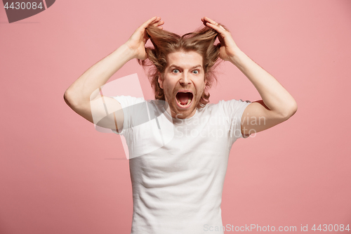 Image of The young emotional angry man screaming on pink studio background