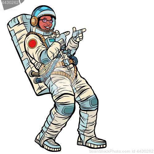 Image of Astronaut young man points. isolate on a white background. Afric