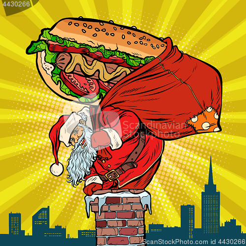 Image of Santa Claus with a hot dog climbs the chimney. Food delivery