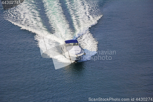 Image of Aerial view luxury motor boat at sea