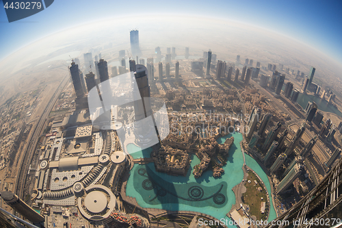 Image of Aerial view of Downtown Dubai from Burj Khalifa, Dubai, United Arab Emirates.