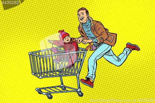 Image of dad and son are on sale. shopping cart shop trolley