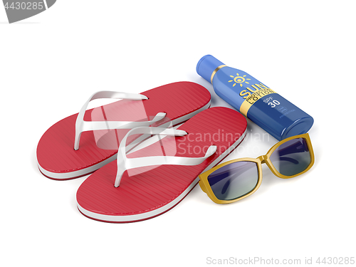 Image of Flip-flops, sunscreen lotion and sunglasses