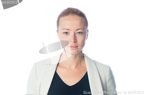 Image of Business woman standing against white background.