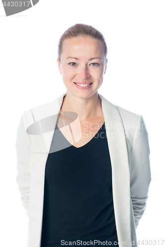 Image of Business woman standing against white background.