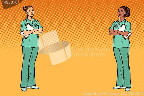 Image of pop art Multi ethnic group. Two nurses. Medicine and health back