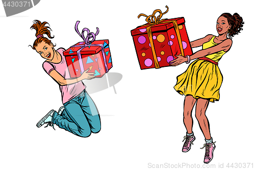 Image of two girls joyful with gifts