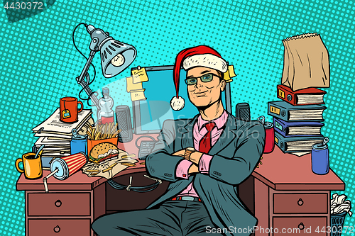 Image of pop art businessman, Christmas workplace